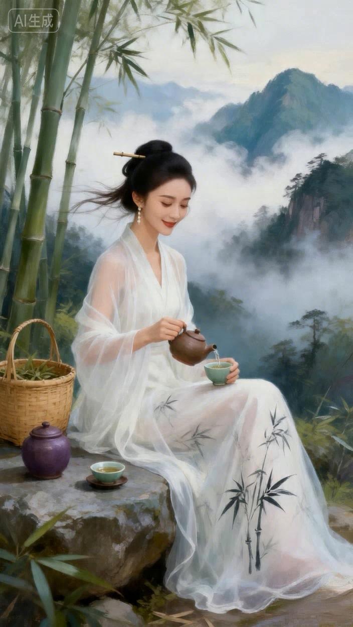 七绝●修心养性/古韵   

高山峻岭采香茶，
雾绕烟环罩白纱。
静坐观光云对望