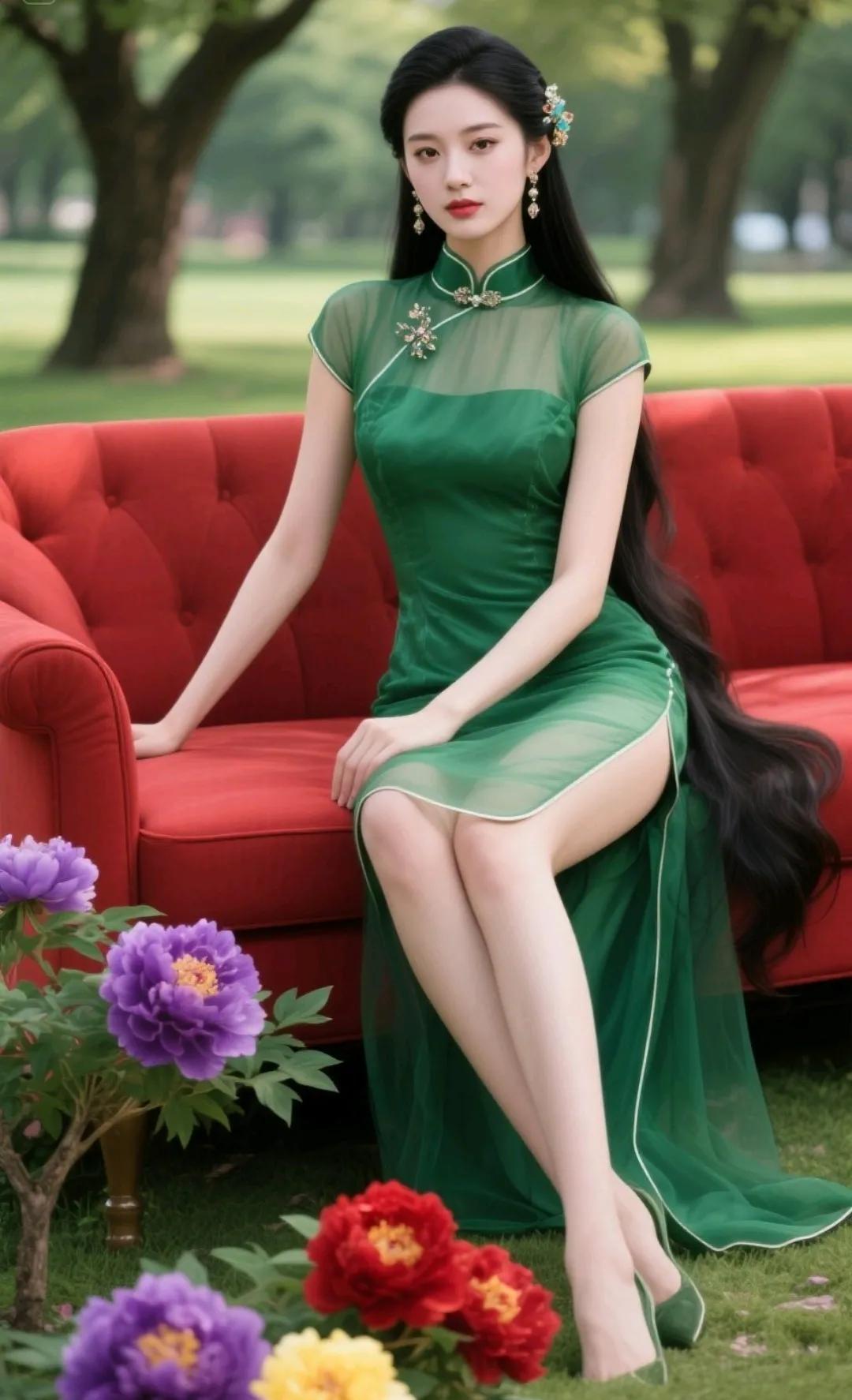 优雅绿裙美人，静坐红椅旁，花团锦簇间。