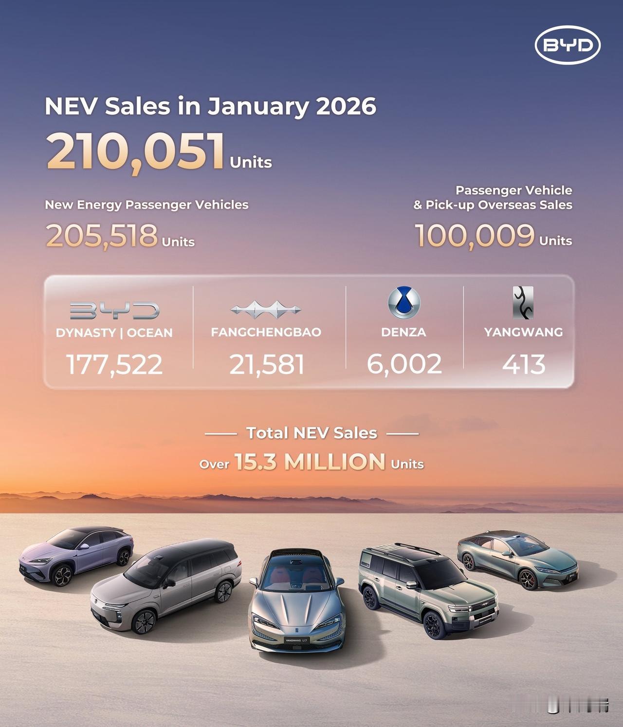 比亚迪于2026年1月实现了210,051辆新能源汽车（NEV）的总销量。这一数