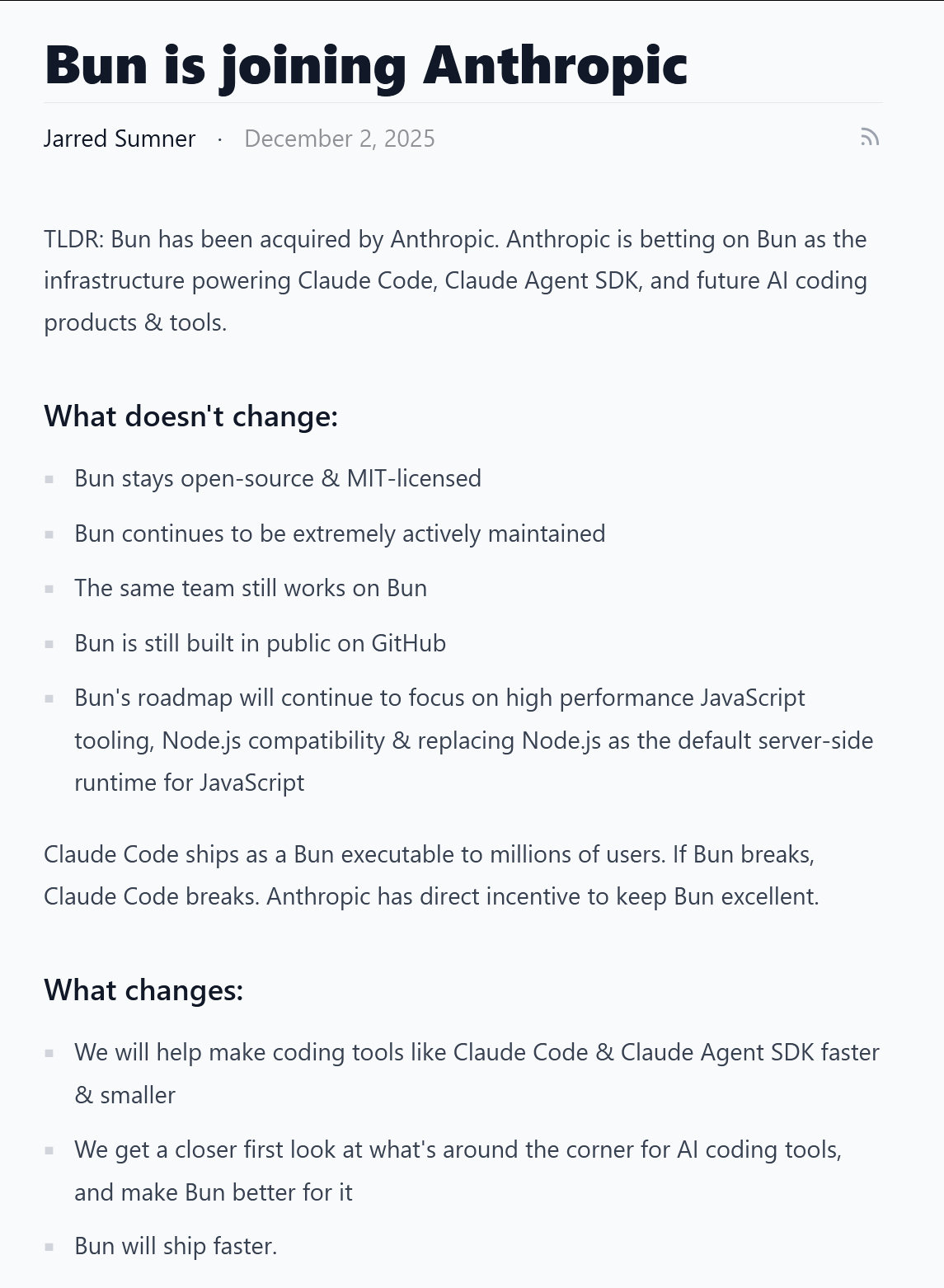 Bun被Anthropic收购。Anthropic 会将 Bun 作为 Clau