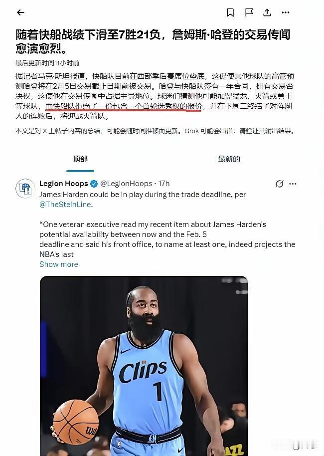 哈登留快船了，我估计哈登可能在快船退役了。

最近交易市场开启，很多球迷希望哈登