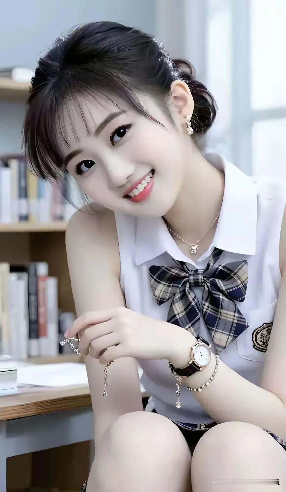 西江月·书斋少女
 
云发轻盘鬓软，格纹蝶领清衫。
窗前书卷伴娇颜，一笑春风漫卷