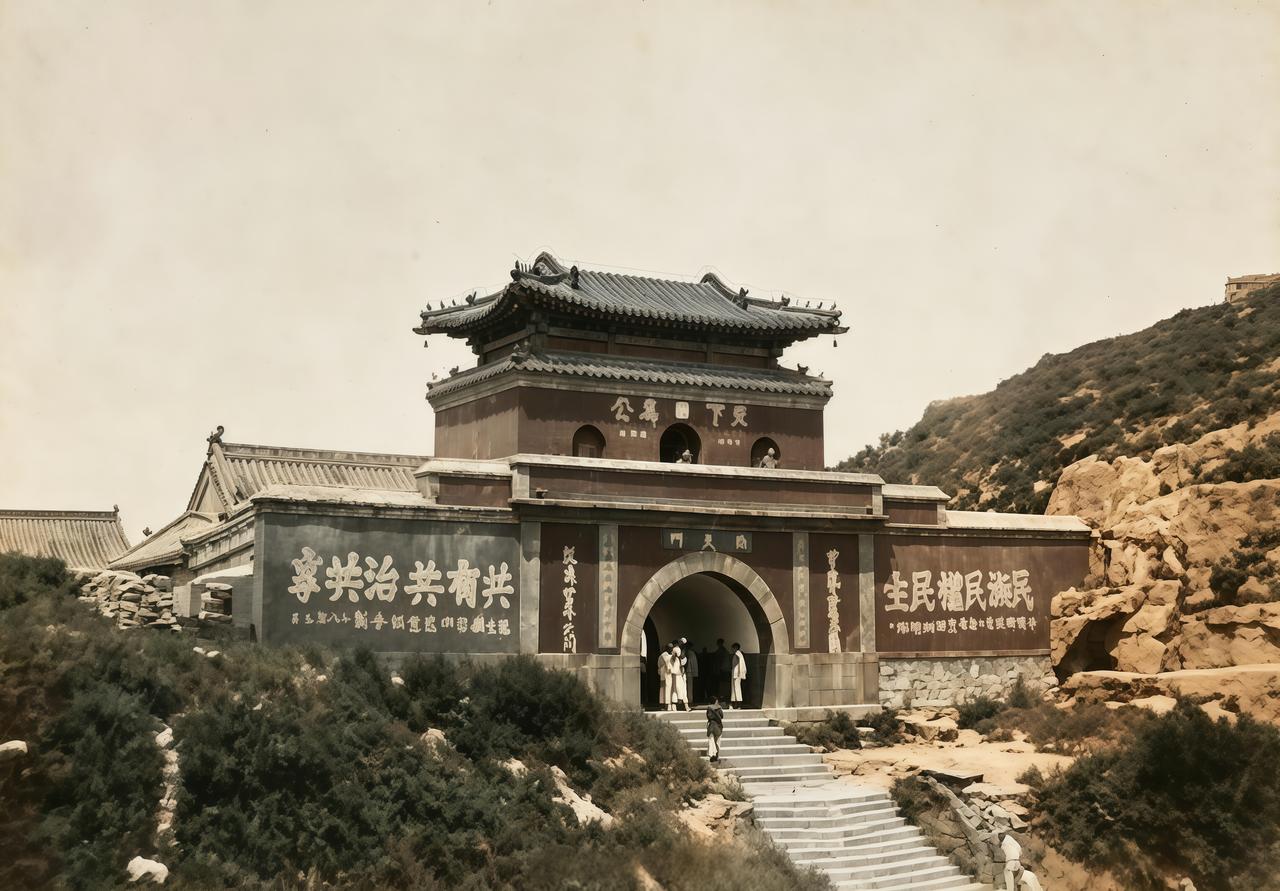 这是1930年代泰山南天门城楼上出现的时代“金句”。其中一侧写着：民族、民权、民