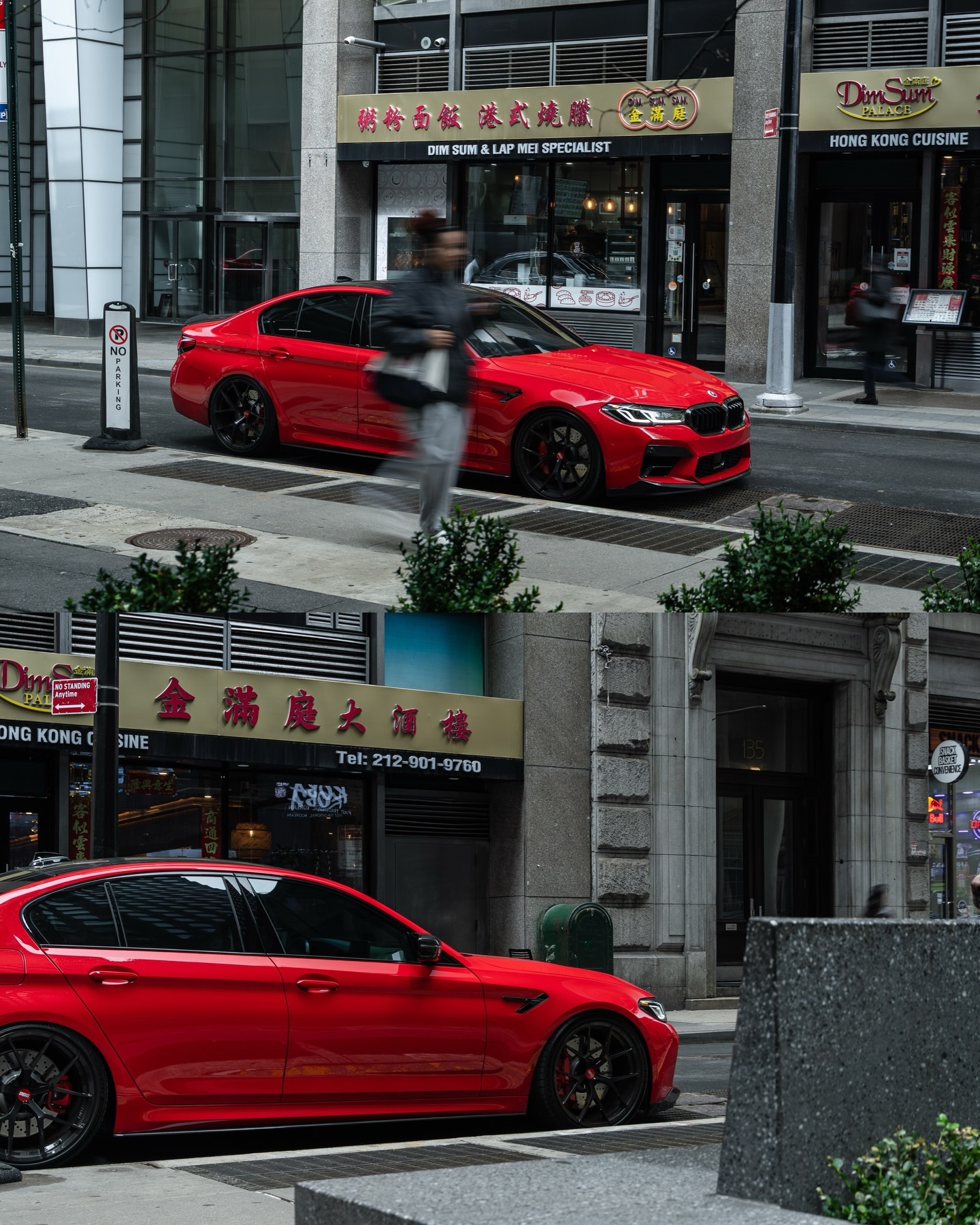 这组大片里的F90 M5大概率是个性化定制的Rosso Corsa红色。在纽约唐