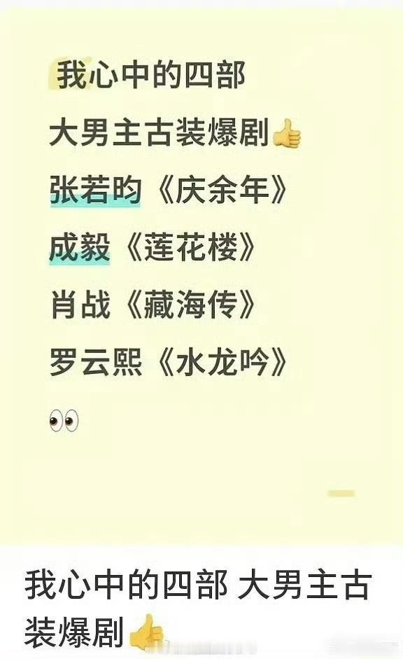 娱乐网友提名的四部大男主爆剧四部大男主爆剧，赞同吗？张若昀：庆余年成毅：莲花楼肖
