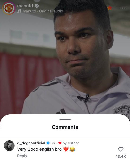 德赫亚在曼联官方采访卡塞米罗ins下回复“Very Good English b