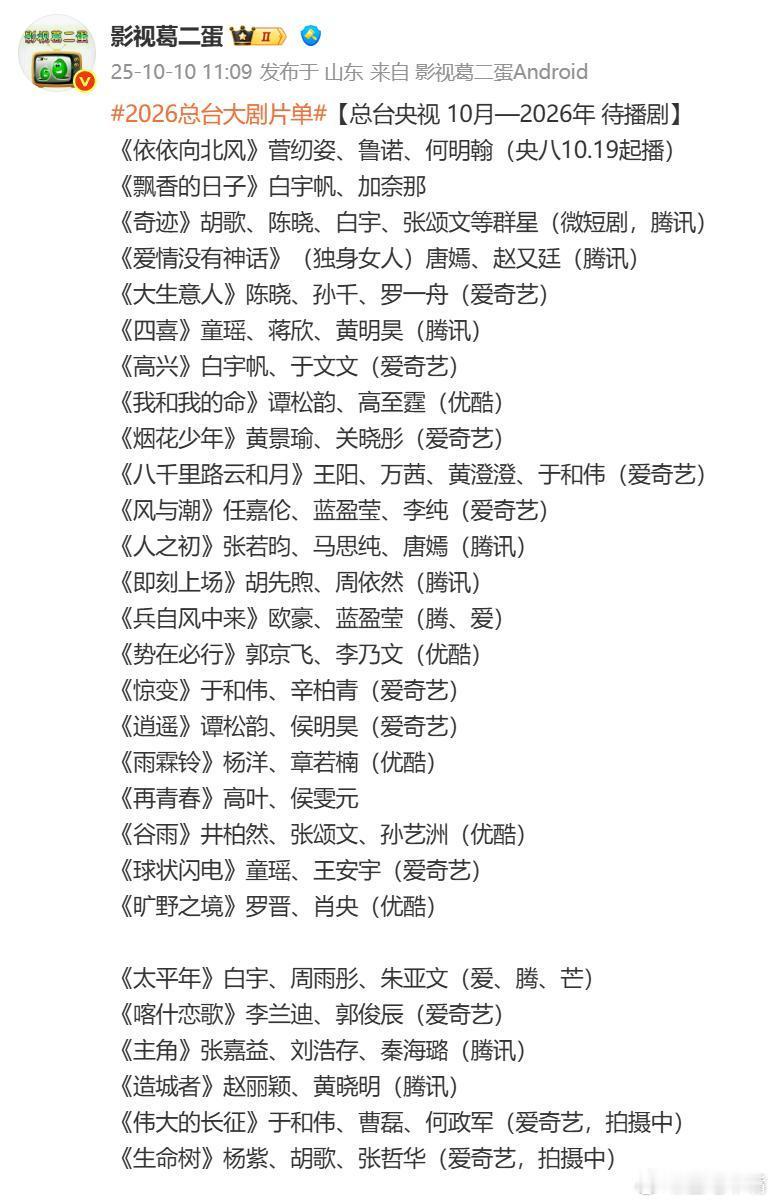 2026总台大剧片单 来看接下来央一央八待播剧，可以看出来今年央八和央一的年冠基