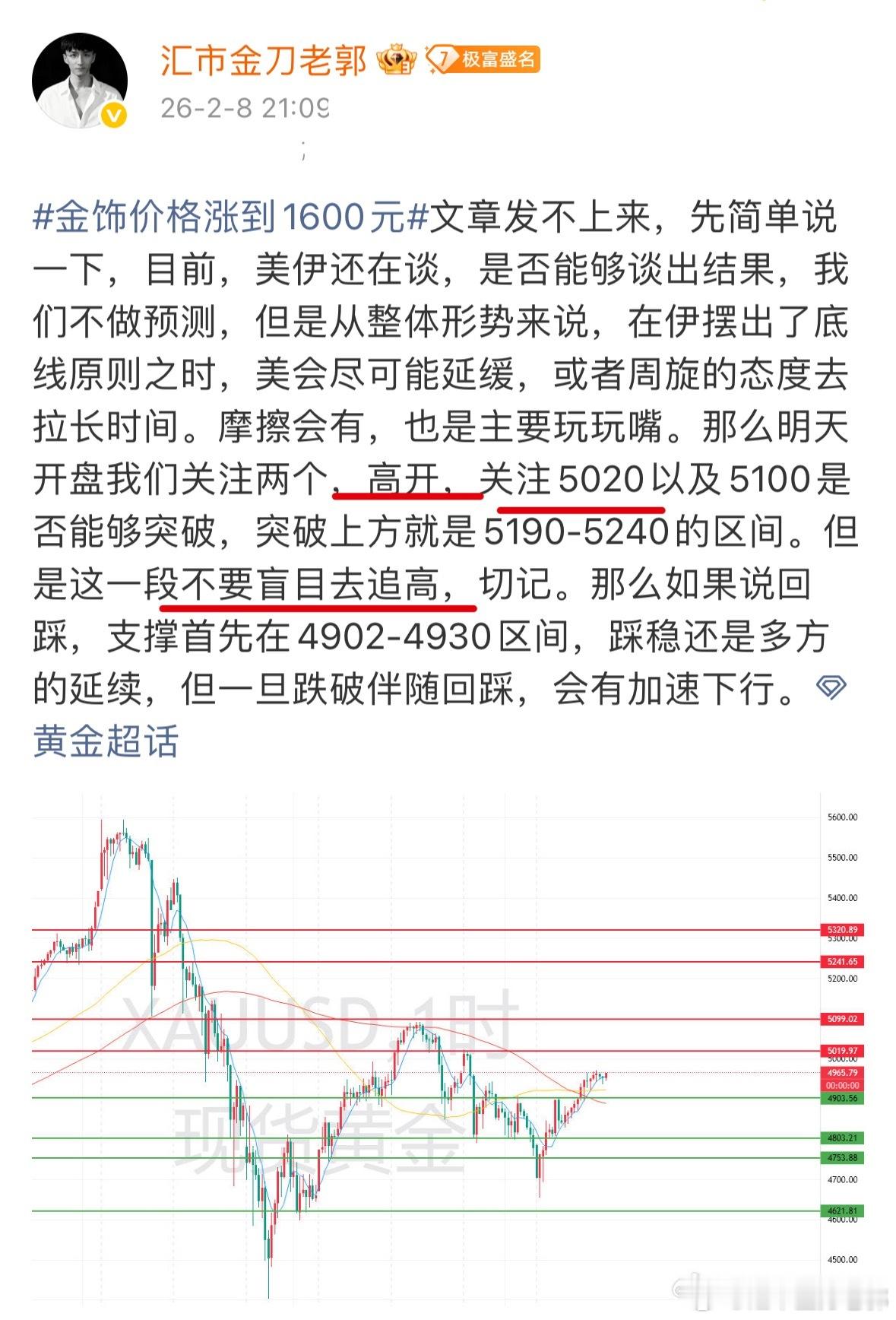 现货黄金再突破5000美元昨天连夜发了提醒，同步也在群里说了，高开顺势没问题，追