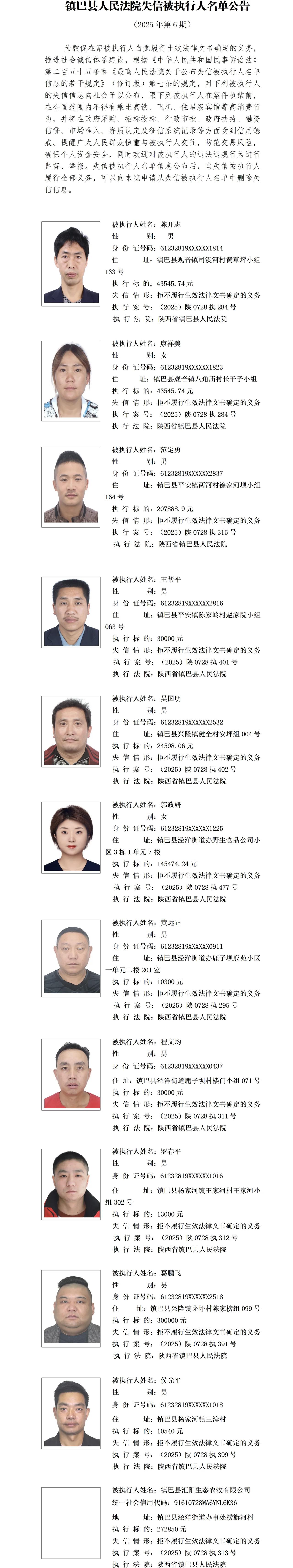 汉中失信被执行人名单公布！（来源：镇巴人民法院）

在汉中，失信被执行人的名单再