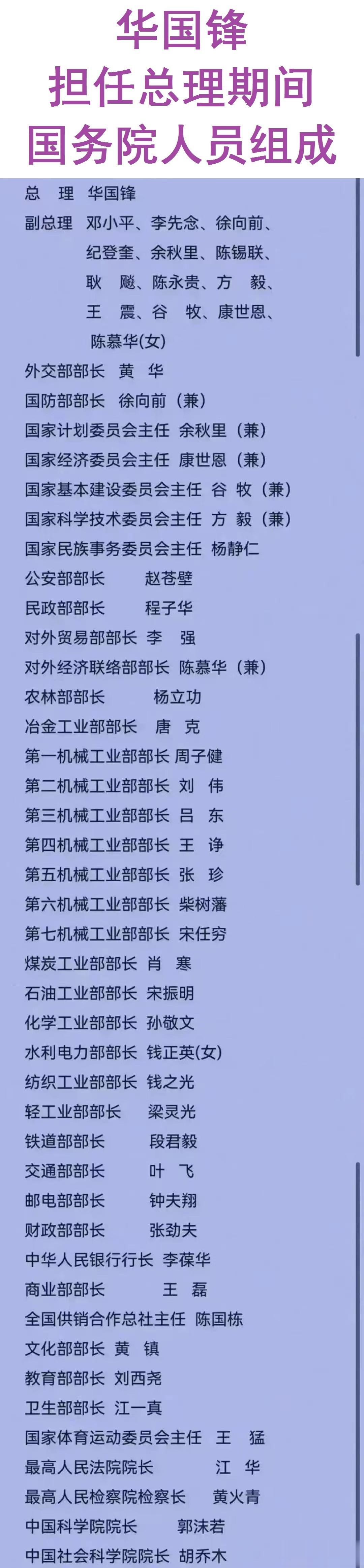 华国锋担任总理期间，国务院各部委领导组成了一个强大的团队。
国务院副总理职位由十