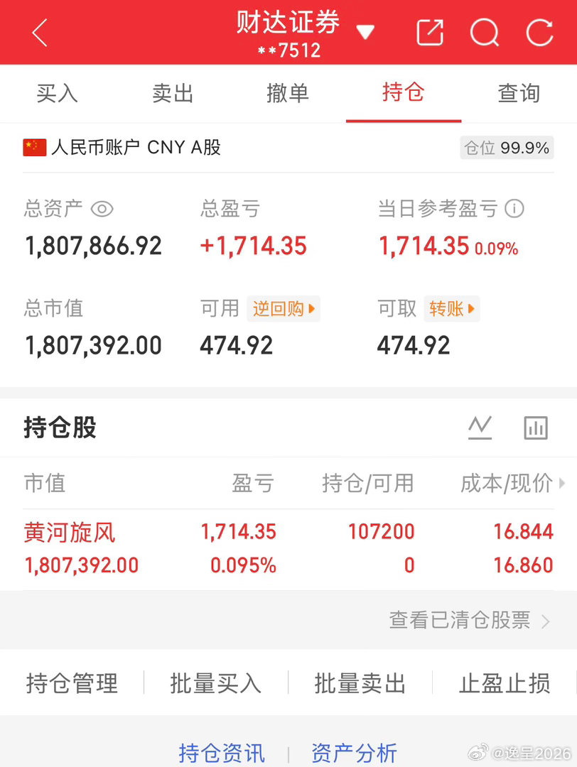 50万全职炒股的第52天总资产1807866当日参考盈亏+1714持仓股：进黄河