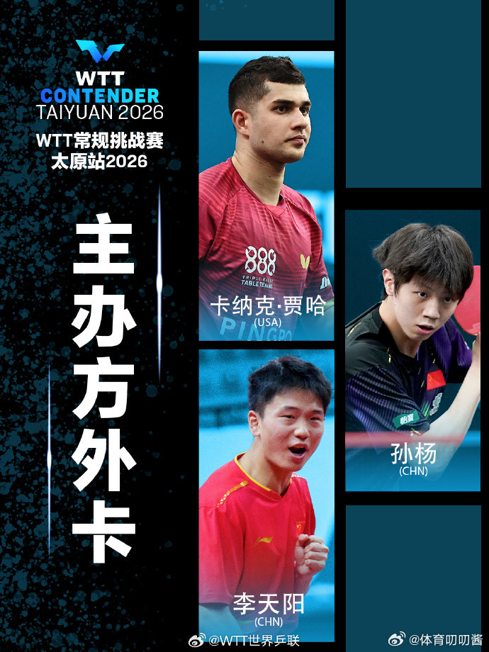 孙杨李天阳朱梓予获太原站外卡WTT常规挑战赛太原站2026将于4月7日至12日，