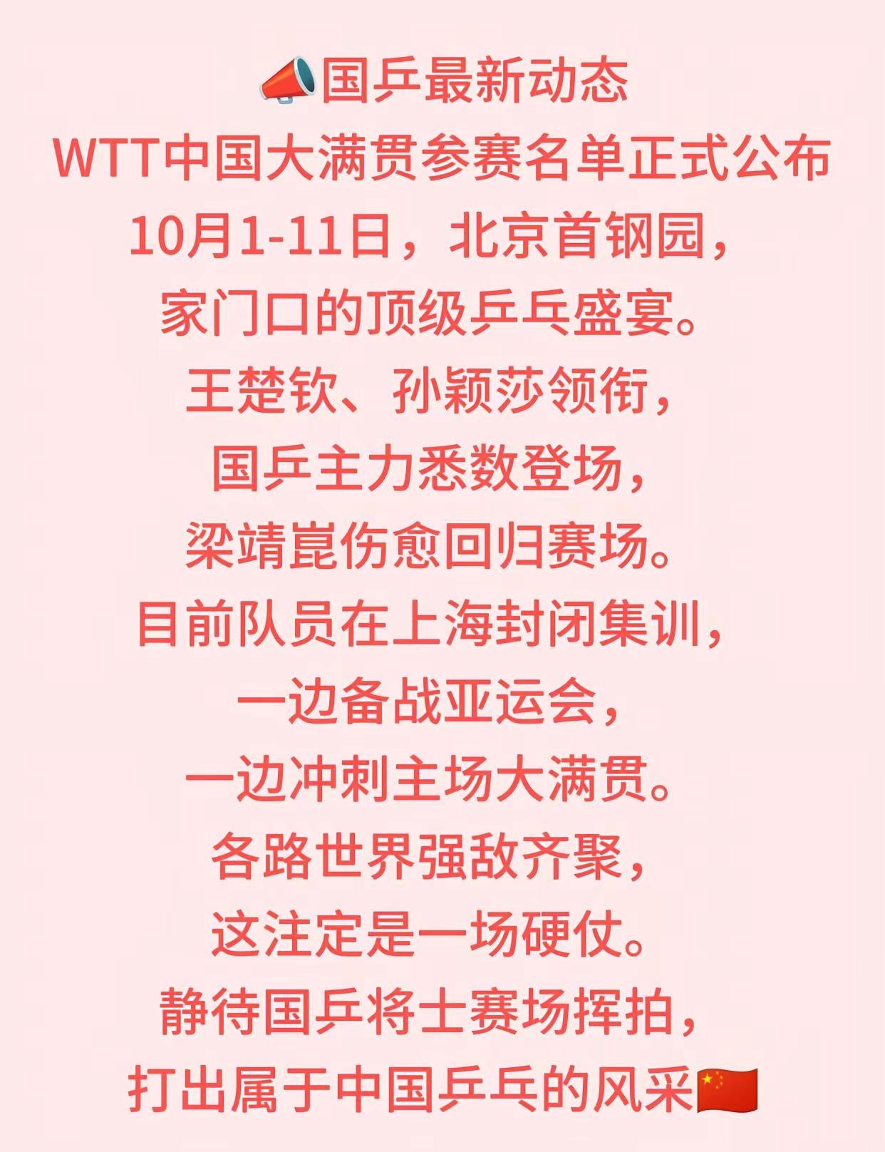 📣国乒最新动态｜WTT中国大满贯参赛名单正式公布10月1‑11日，北京首钢园，