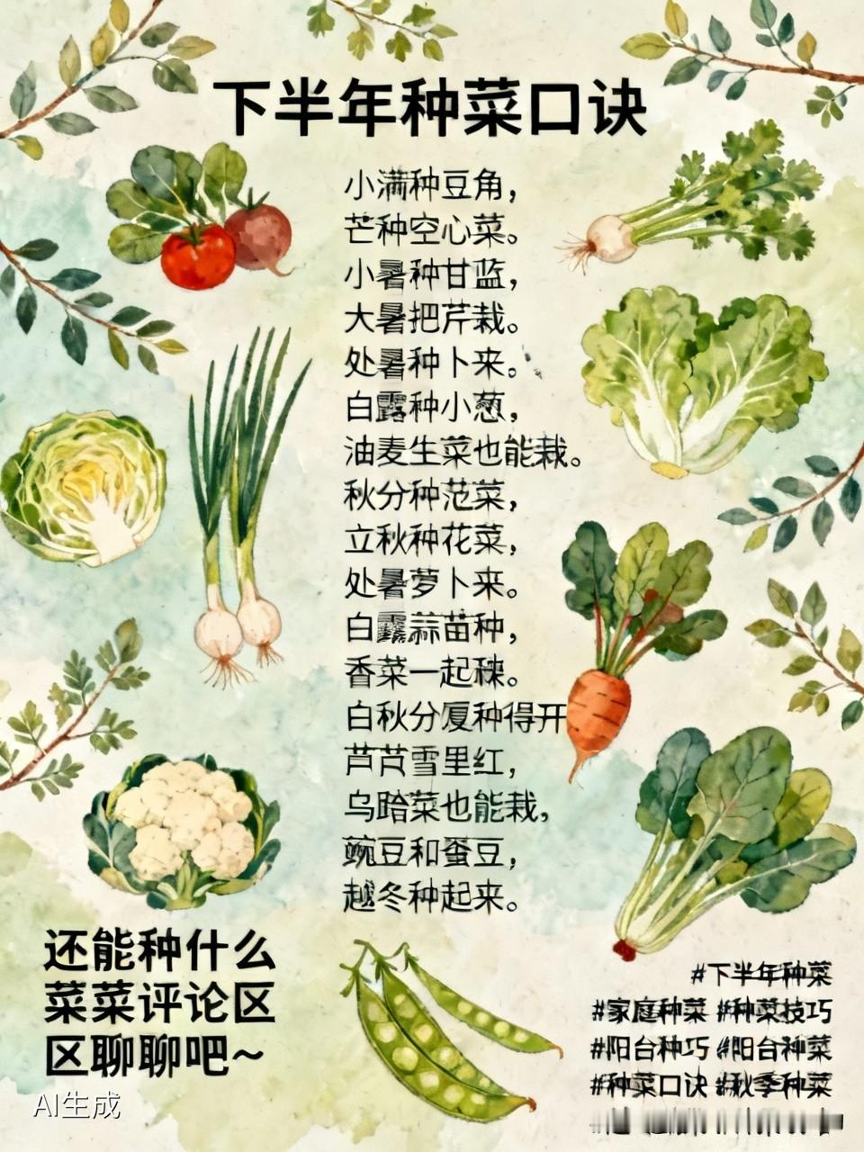 2026年下半年种菜口诀
 
小暑种甘蓝，大暑把芹栽。
立秋种花菜，处暑萝卜来。