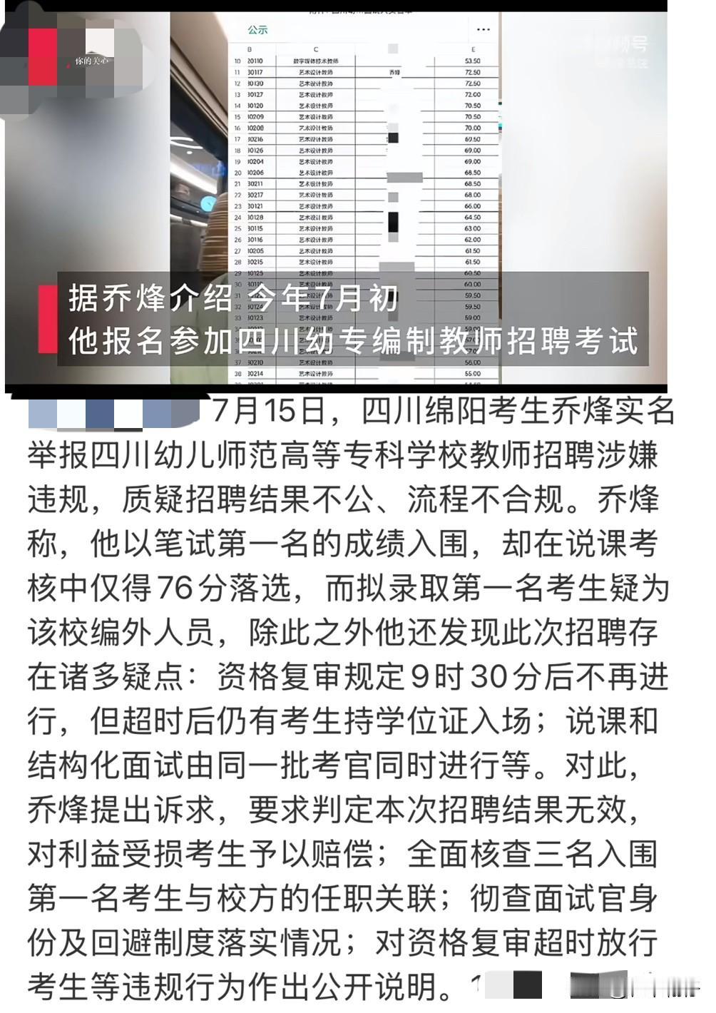 笔试第一面试落选！考生实名举报四川幼专招聘多处违规，当地教体局介入专项调查

教