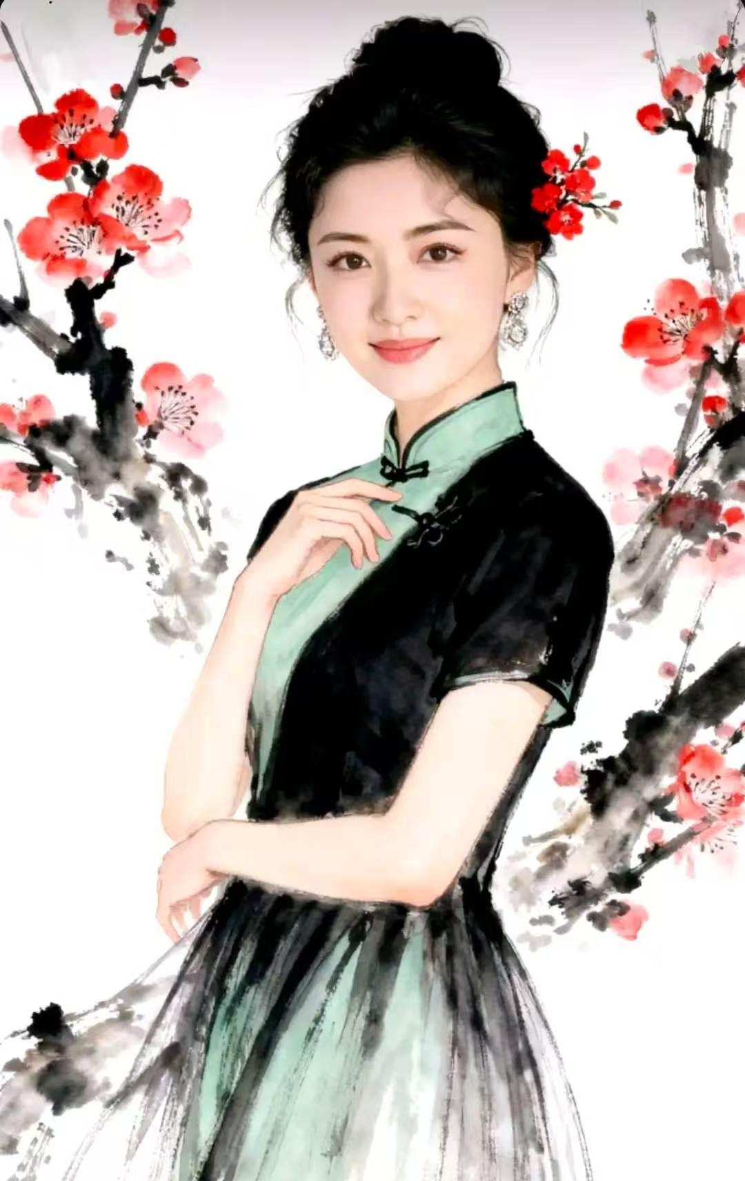墨韵旗袍
淡墨凝姿韵自悠，
红梅轻点染清柔。
浅描数笔风华尽，
尽显东方含蓄幽。