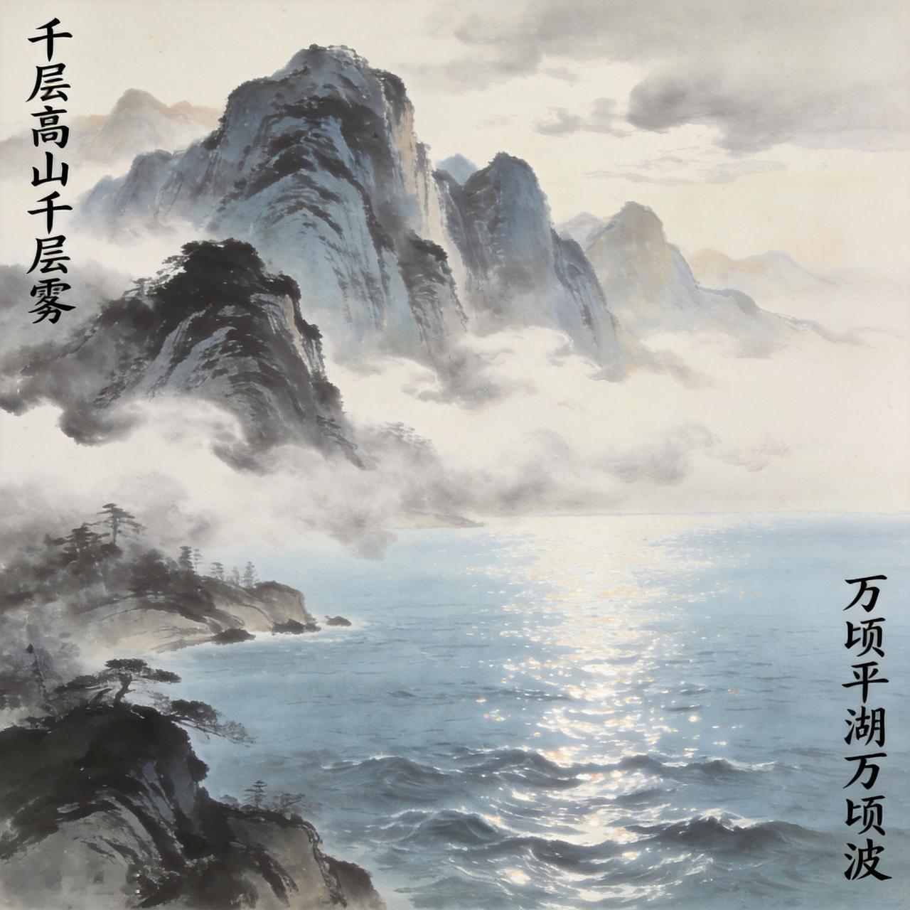 下联：万顷平湖万顷波
上联：千层高山千层雾
注释解析
  1. 对仗逻辑
上联以