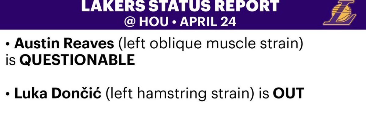 湖人更新伤病报告，里夫斯能否出战周五的第三场比赛存疑，东契奇则继续缺阵。维亚在第