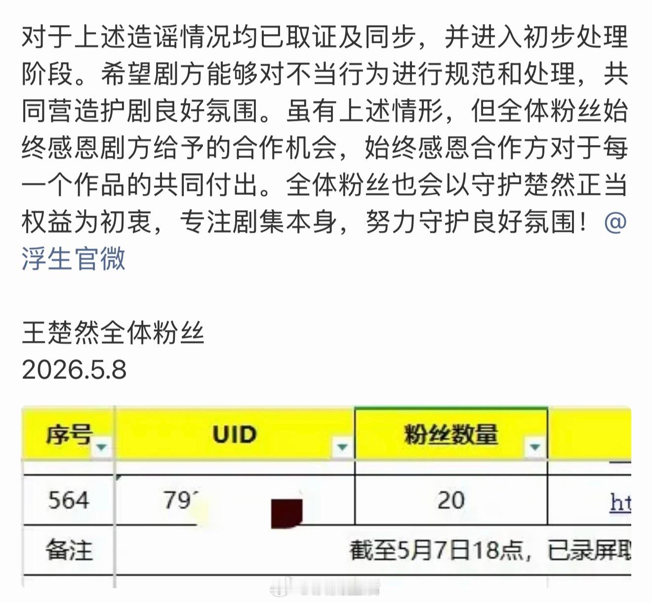 王楚然全球后援会因浮生发表严正声明并维权了。 