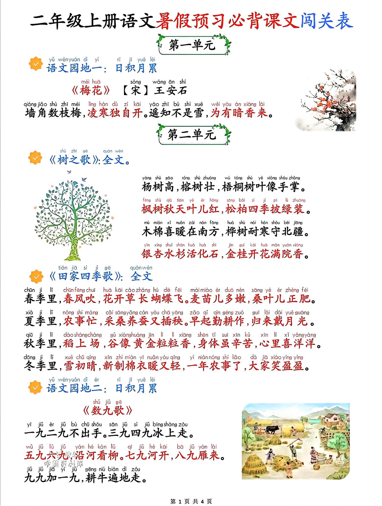 二年级上册语文，1-8单元必背课文闯关表，暑假收藏背诵~