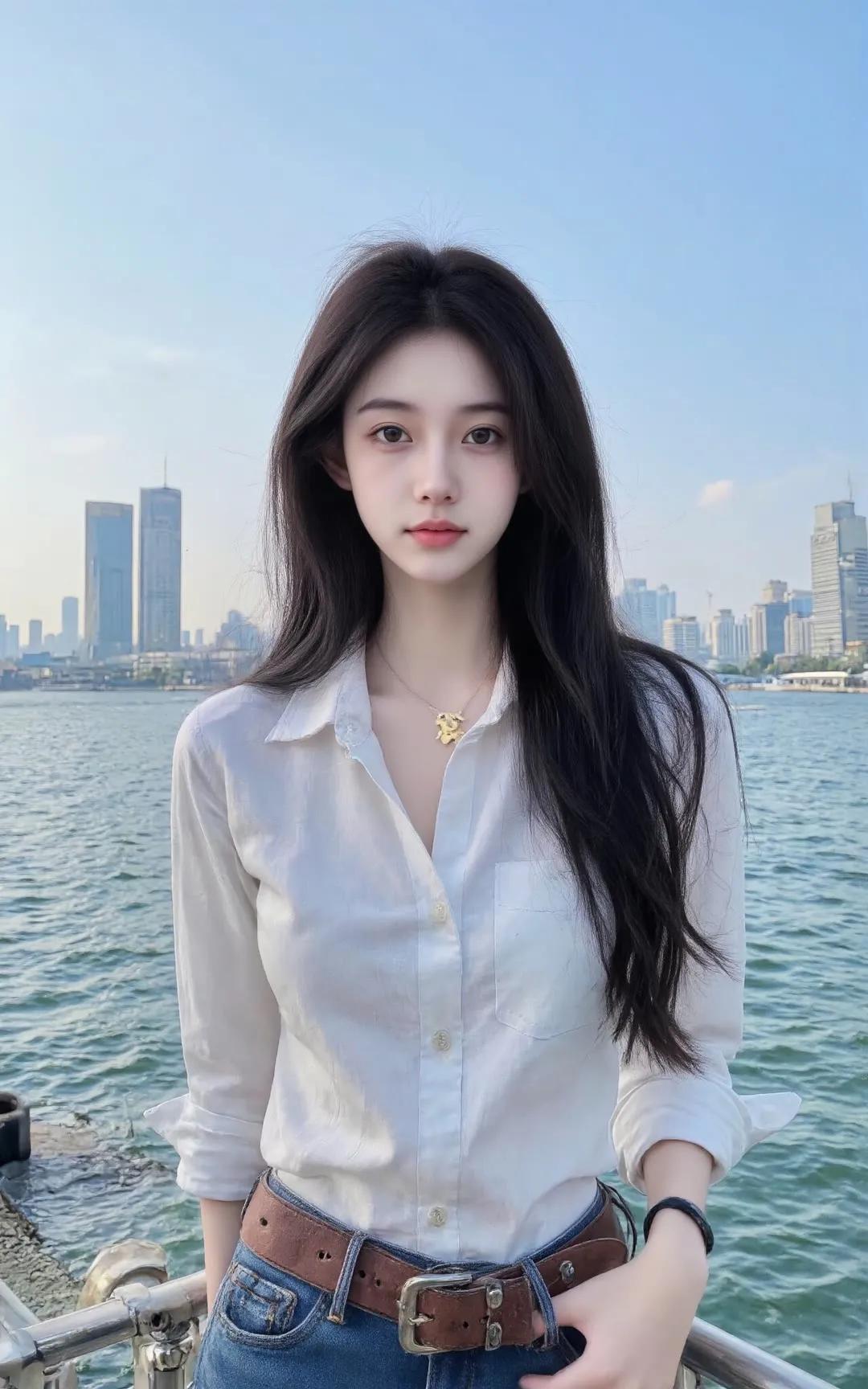 都市少女风，白衬衫与牛仔的完美搭配，城市天际线为背景，清新自然。