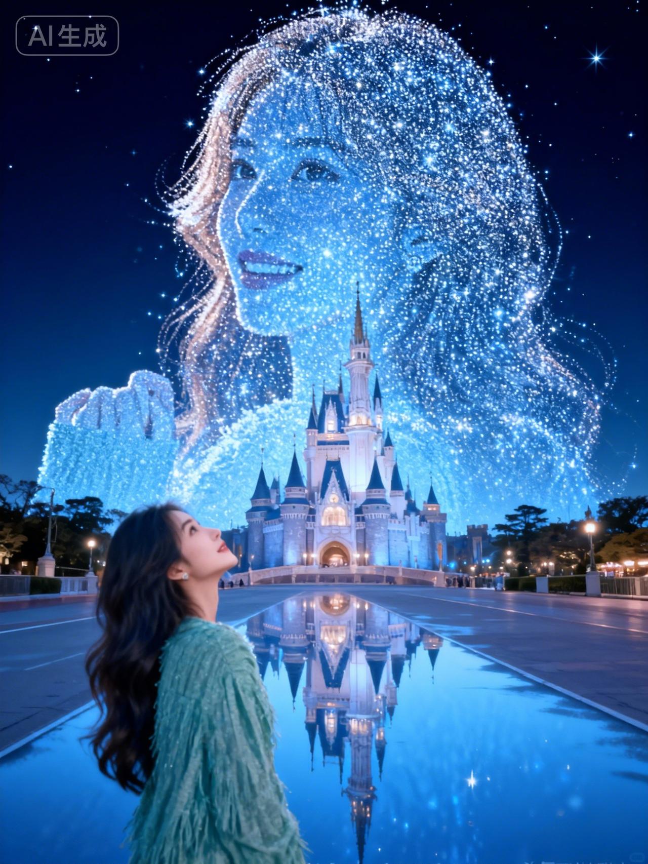 梦幻城堡下的女孩，星光璀璨的夜晚，童话般的浪漫之旅。
