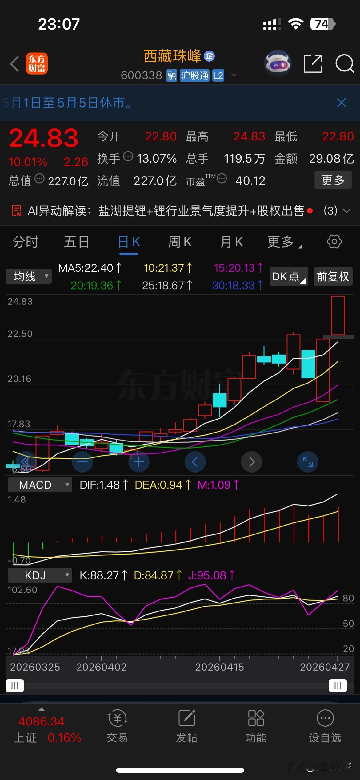 今晚聊一个有趣的股票：西藏珠峰。3天时间，1个跌停在先，2个涨停在后，第一天跌停