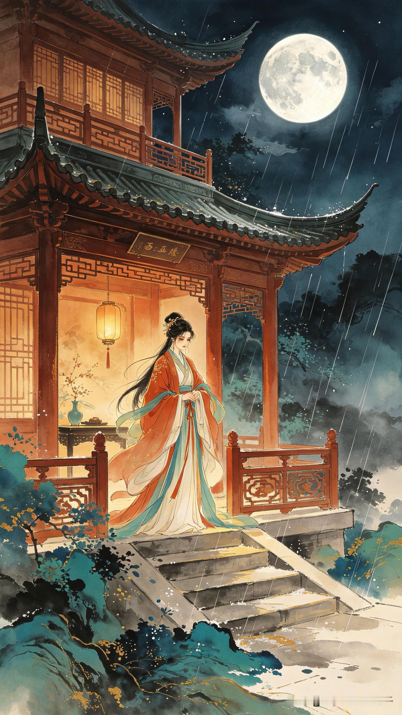 月满西楼夜未休，
半盏残灯独自愁。
相思恰似阶前雨，
      
…………请师
