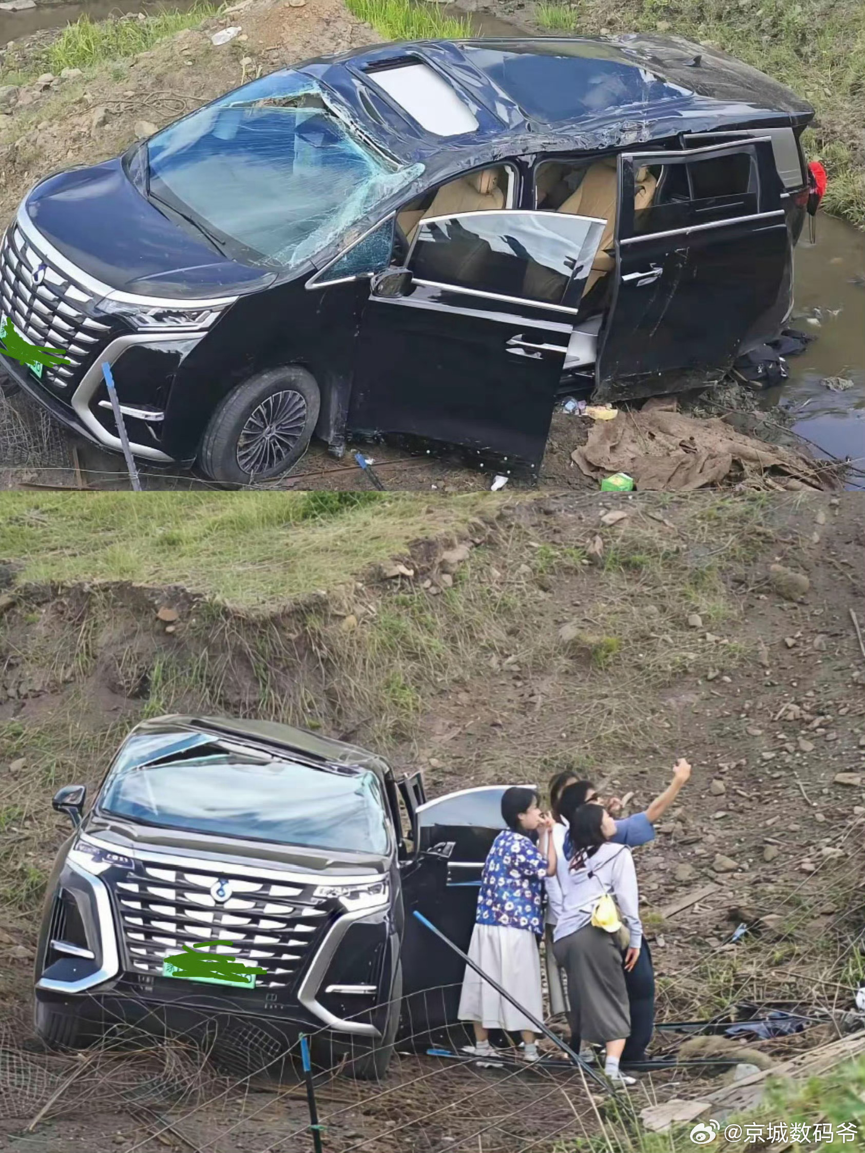 从路面直接翻滚到深坑，轻微变形，没起火并且车门可以正常打开…最重要的是一家人全部