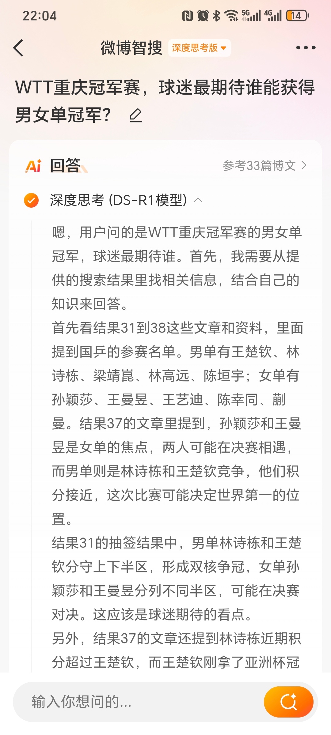 WTT重庆冠军赛首日，祝贺蒯曼、林诗栋、孙颖莎都取得了开门红！让微博智搜帮我分析