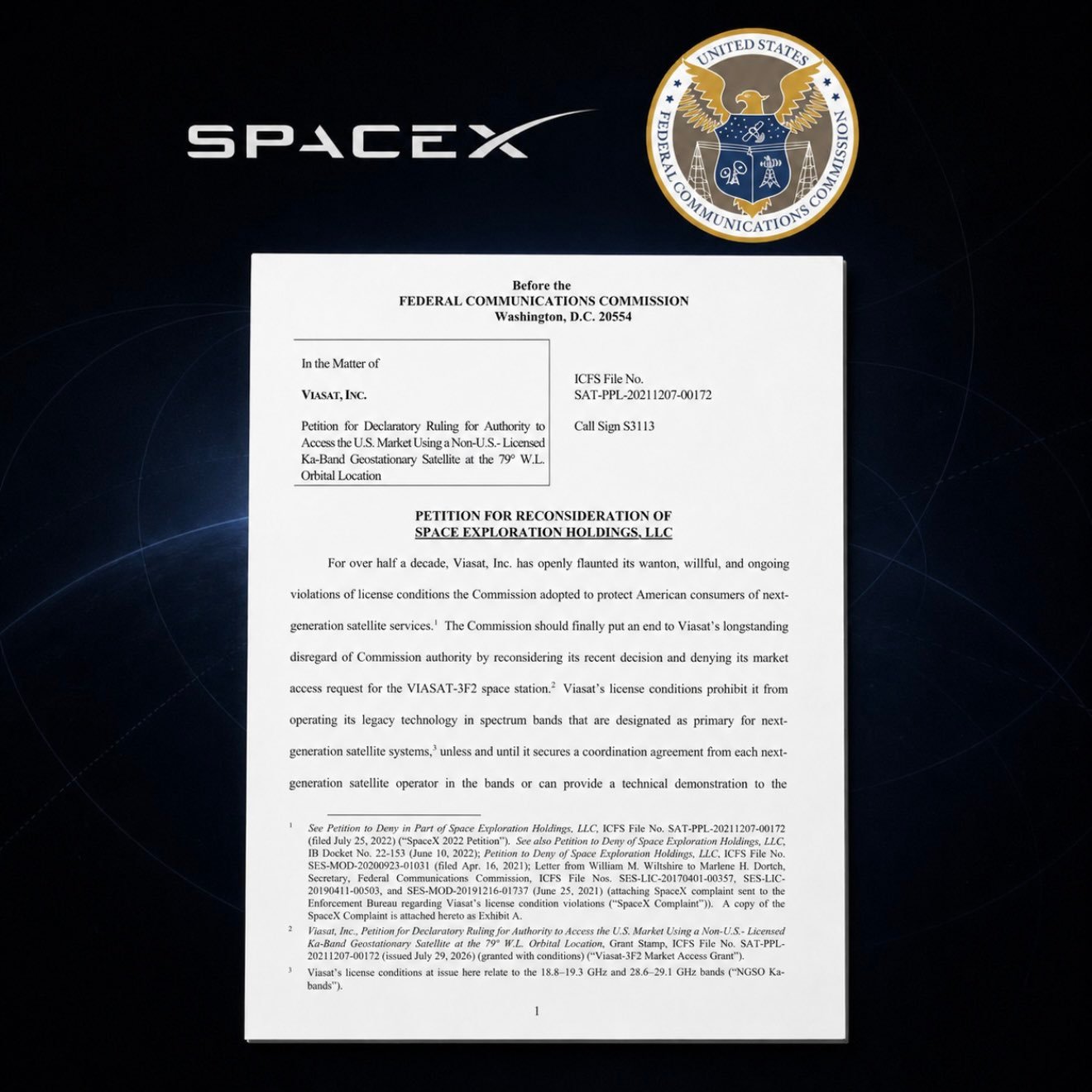 SpaceX正敦促FCC禁止Viasat‑3 F2使用美国的关键频谱，其发出警告