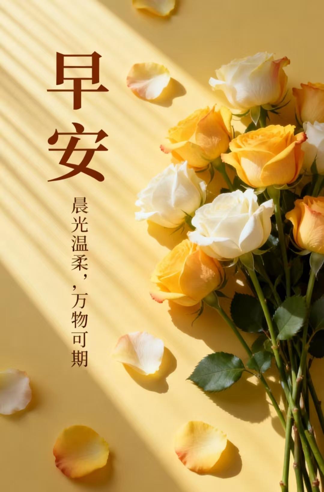 早安，

愿清晨的第一缕阳光带给你一整天的好心情。