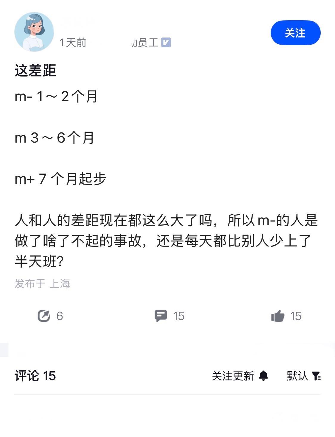 大厂的贫富差距，持续恶化
某厂员工表示，估算了一下，m-是1-2个月，m大概是3