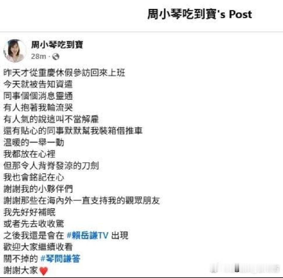 周小琴刚参访大陆回去就遭资遣，现实未免太过讽刺。就因为愿意客观看待两岸，正常的交