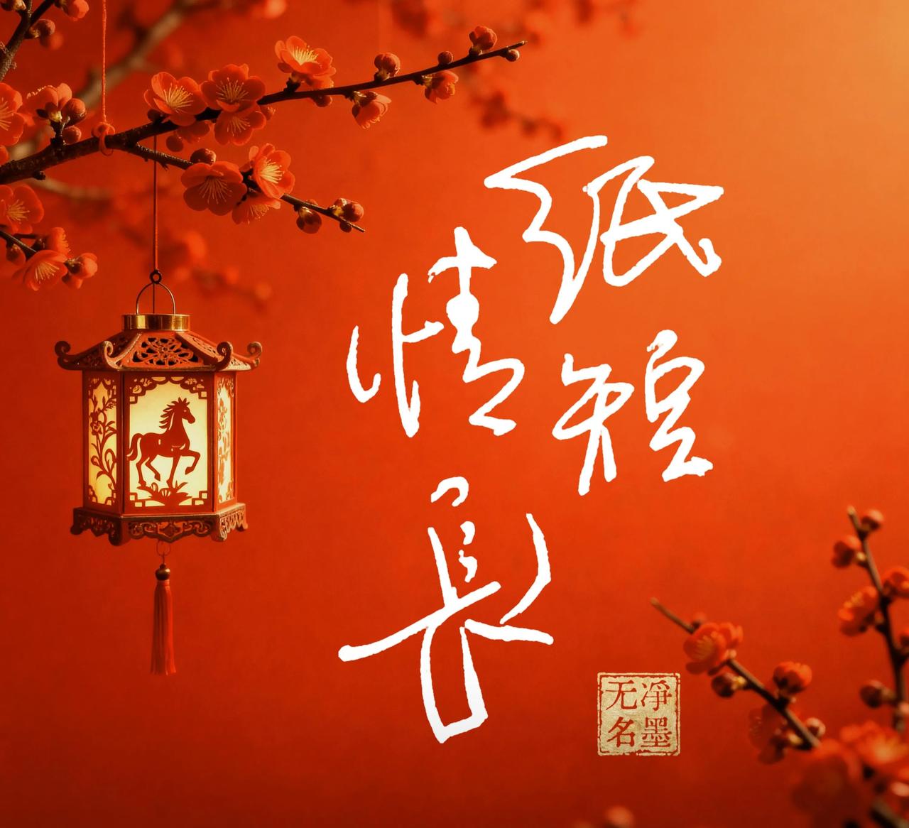 红梅宫灯暖红底色，搭配行草「纸短情长」，国风氛围感拉满，意境温柔缱绻，画面氛围感