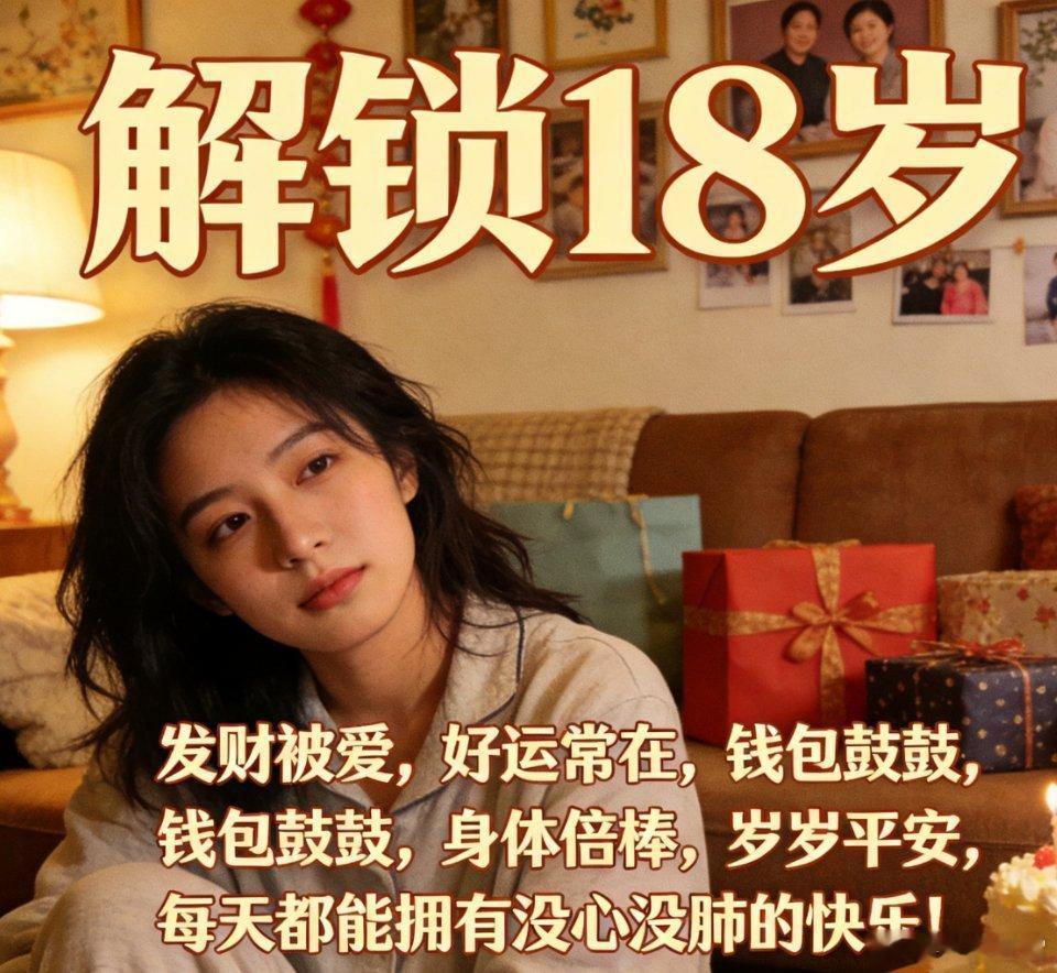解锁18岁，愿望很简单：发财被爱，好运常在，钱包鼓鼓，身体康健，岁岁平安，每天都