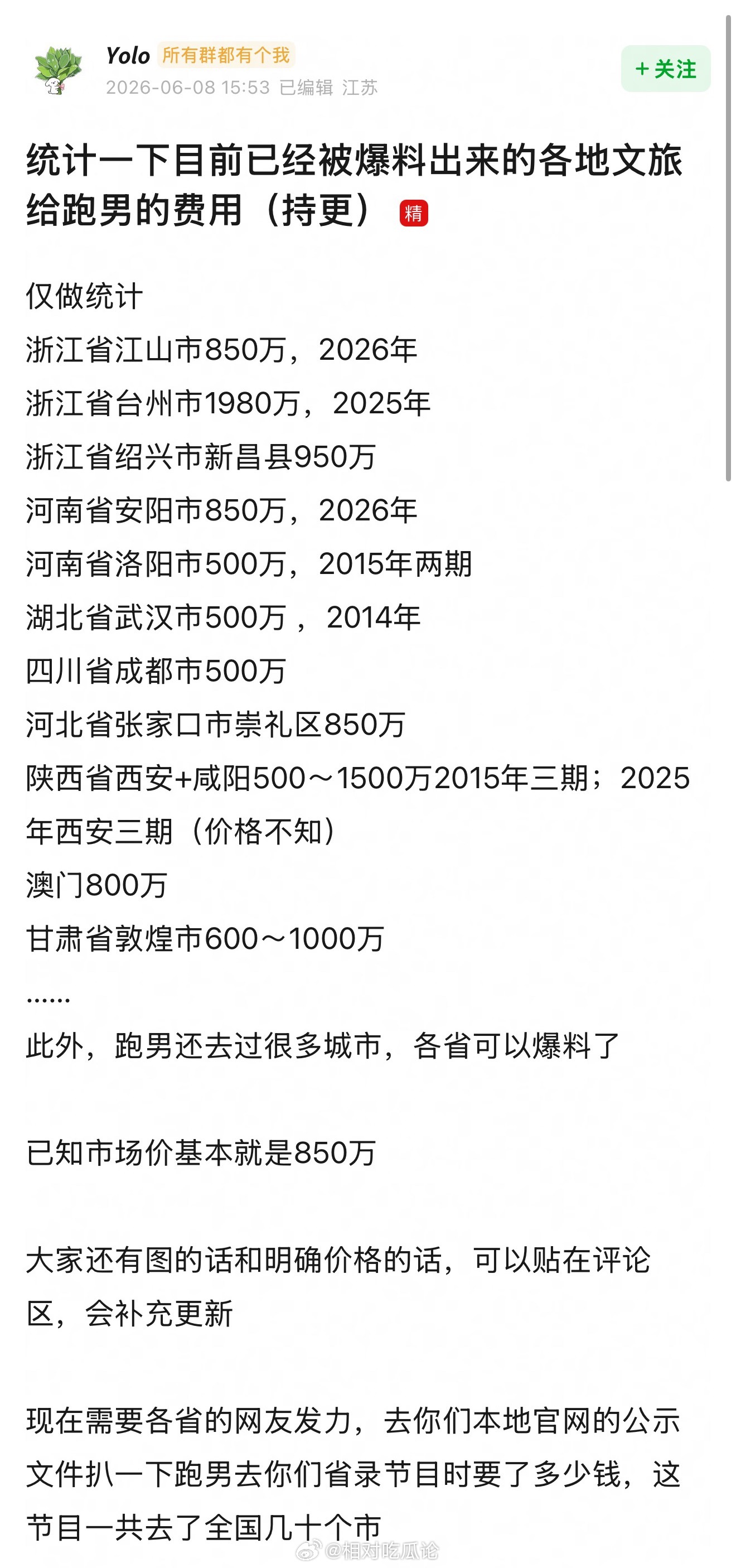统计一下目前已经被爆料出来的各地文旅给跑男的费用 