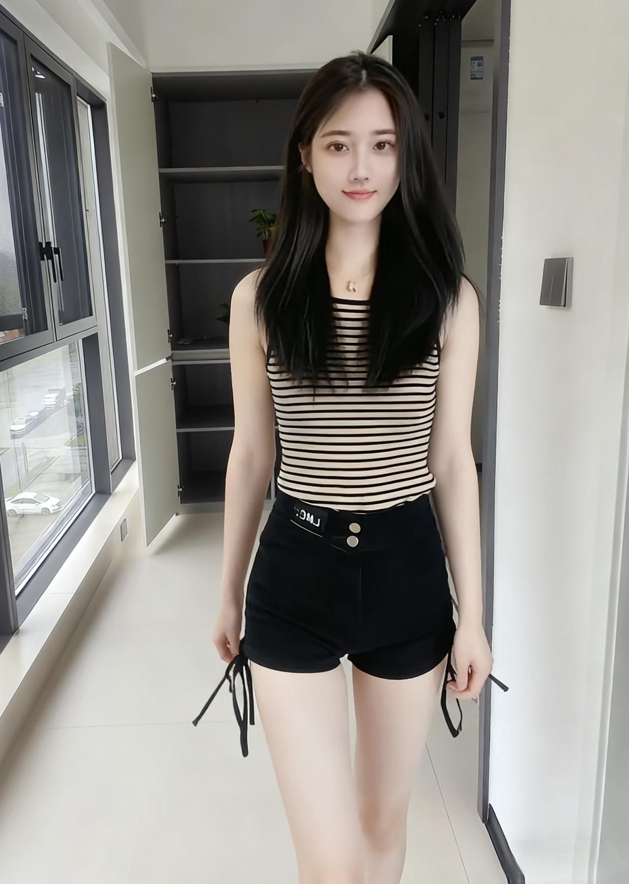 白墙切开光的棱角，
走廊尽头，是未锁的空。
条纹背心裹着风的形状，
黑短裤的系带