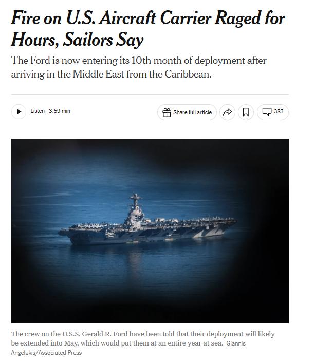 先是厕所问题，现在又失火！有没有可能是美军不想打仗......
据《纽约时报》，