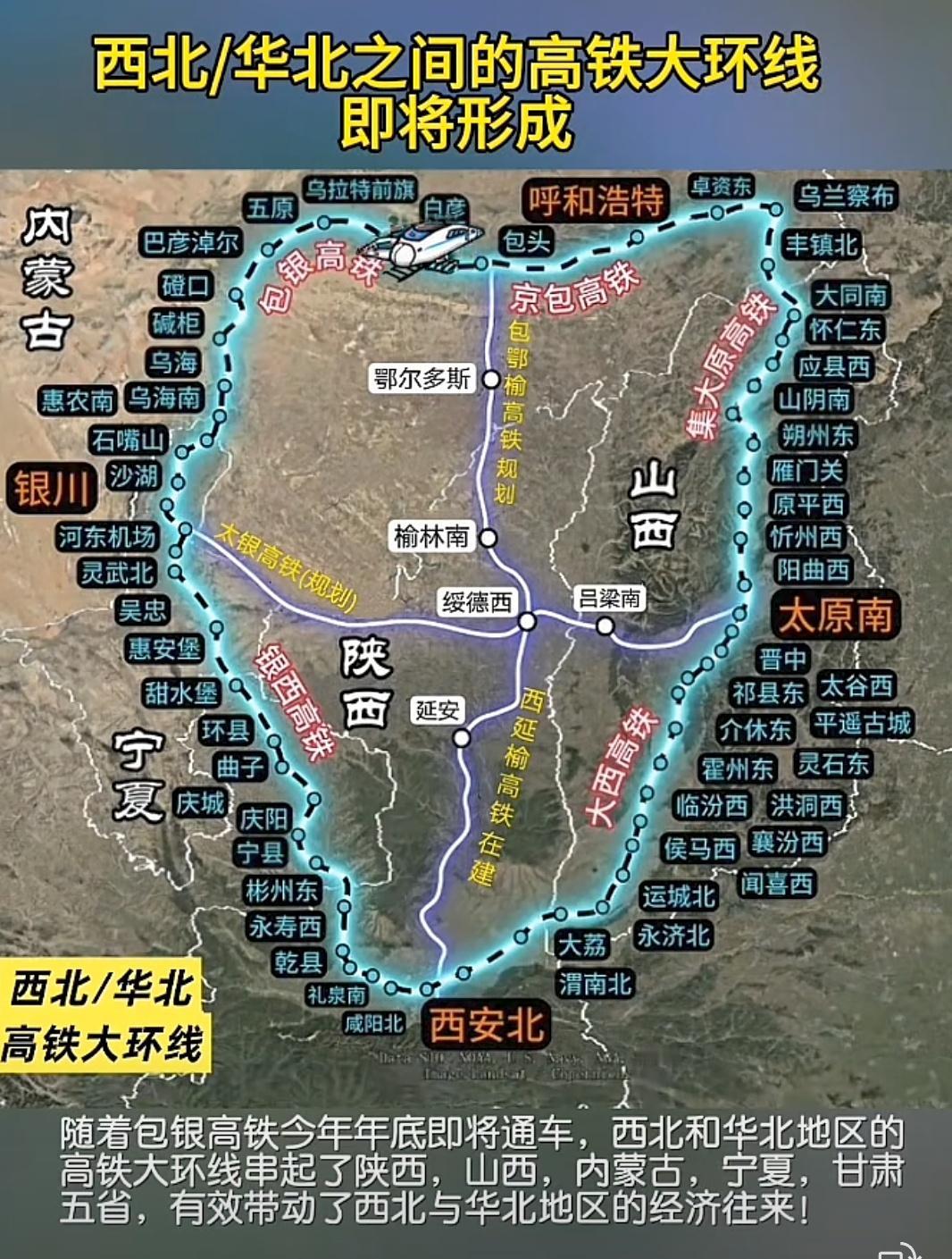 在西北到华北之间的高铁大环线中，包榆高铁、西榆高铁、太绥高铁、银绥高铁组成了一个