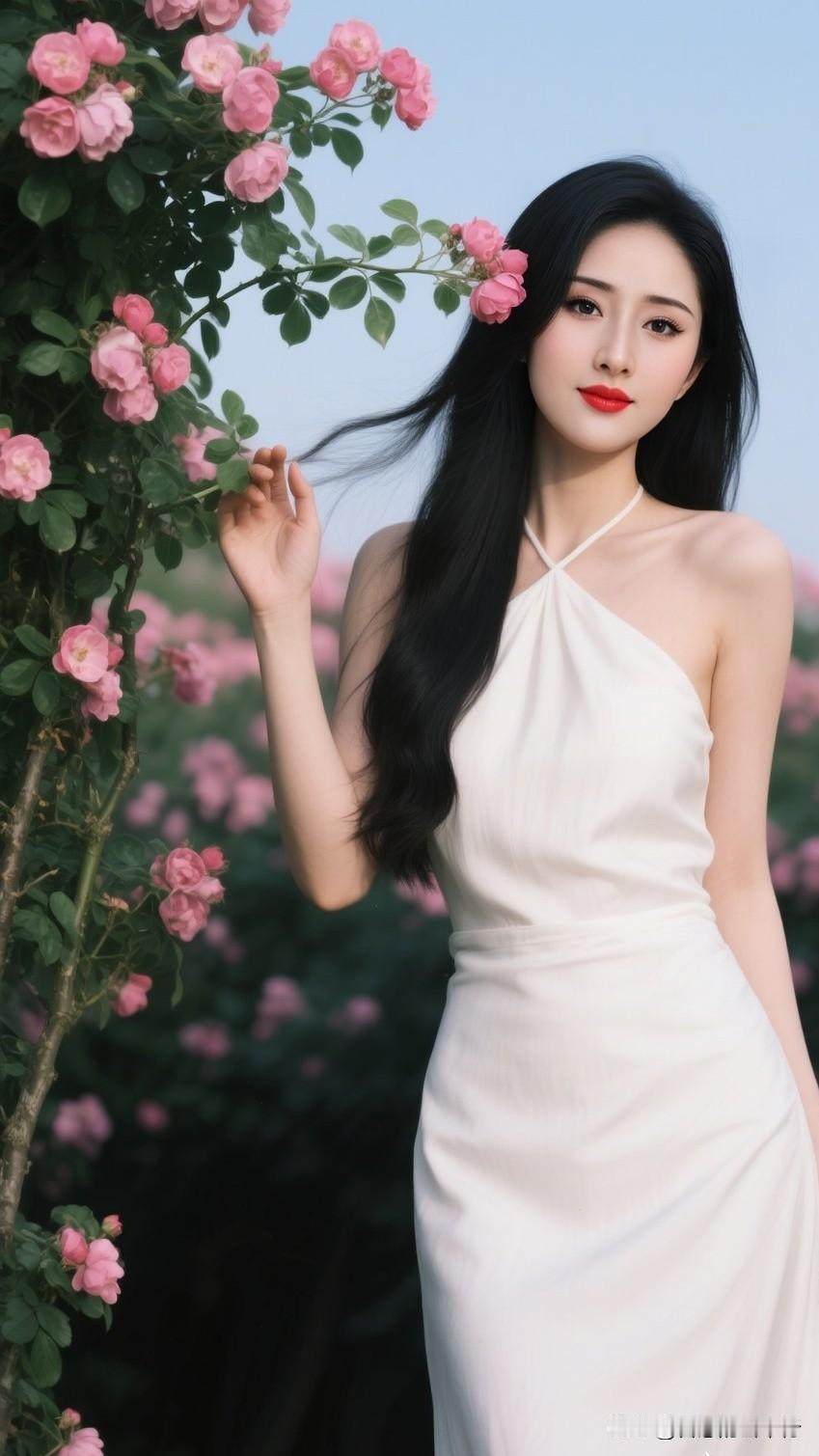  浅春限定！挂脖白裙+粉蔷薇，温柔到骨子里💐     什么样的穿搭可以成为气质
