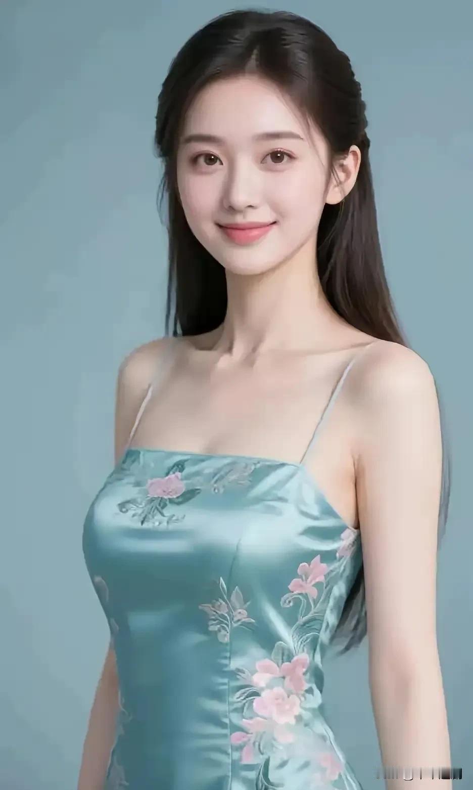 青缎如漾，绣着粉花轻绽，眉眼间的温柔恰似江南春水，自带一份雅致又清甜的东方韵味?