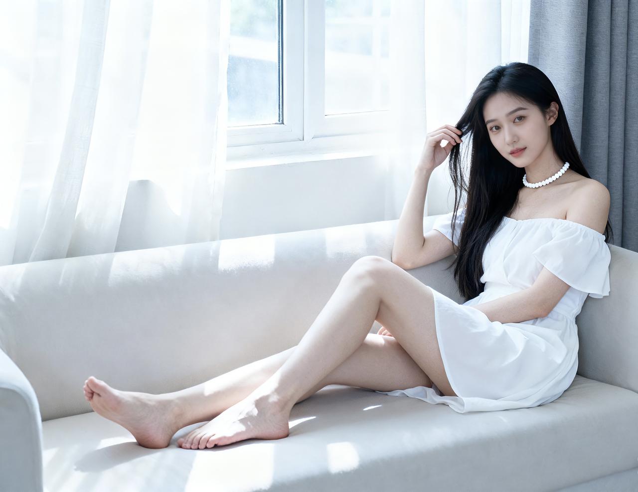 款式采用宽松的一字肩设计，巧妙露出肩颈线条。袖子为蓬松的泡泡短袖，裙身带有褶皱肌