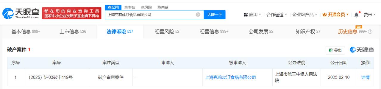 此前从港交所退市
天眼查法律诉讼信息显示，近日，克莉丝汀关联公司上海克莉丝汀食品