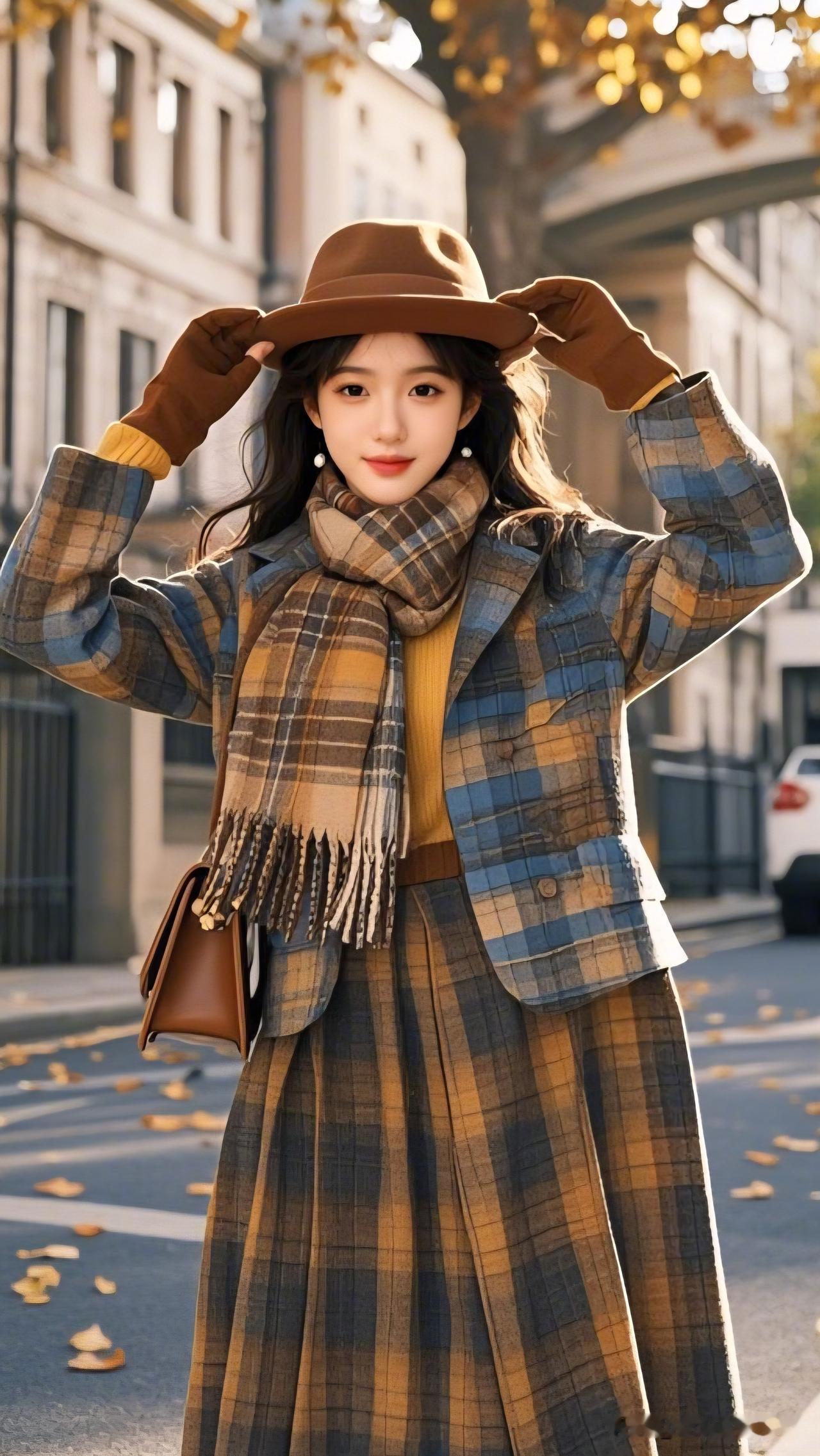 秋日穿搭指南：复古格纹外套+棕色礼帽，优雅又时髦！美少女美景分享