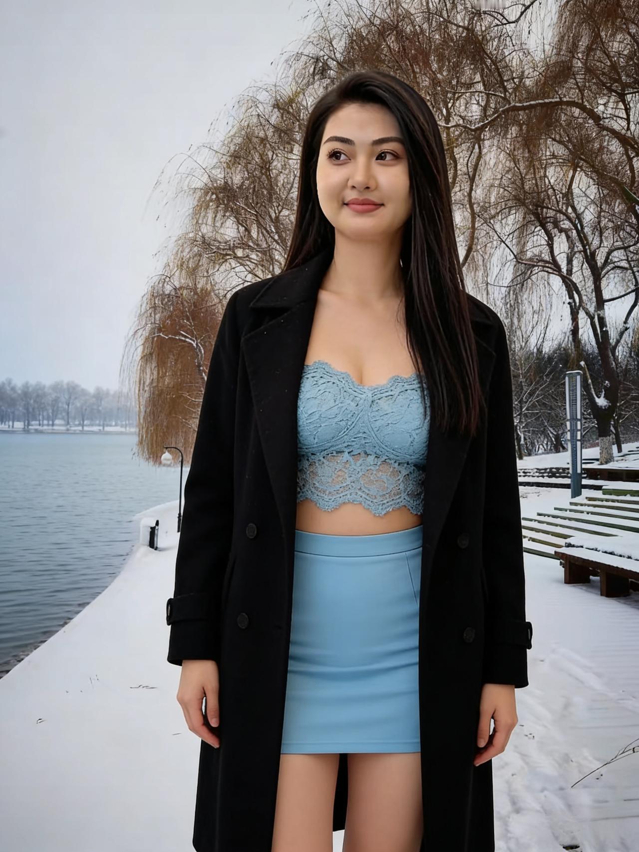 雪色映朱唇，蓝裙不染尘。
回眸春欲动，风软近人身。