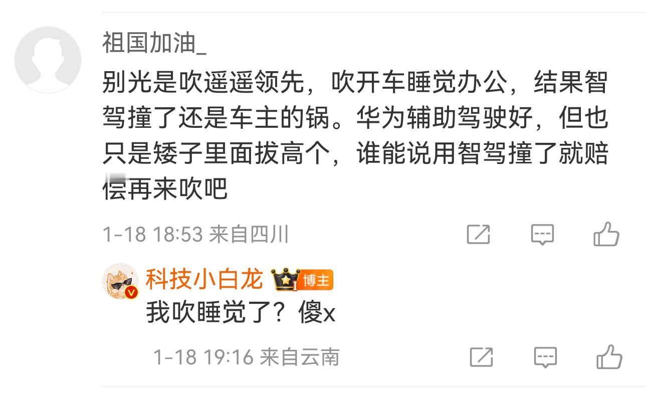 我吹开智驾睡觉了？我没说过的话，往我头上扣，就别怪我喷你。我的观点一直很清晰，智