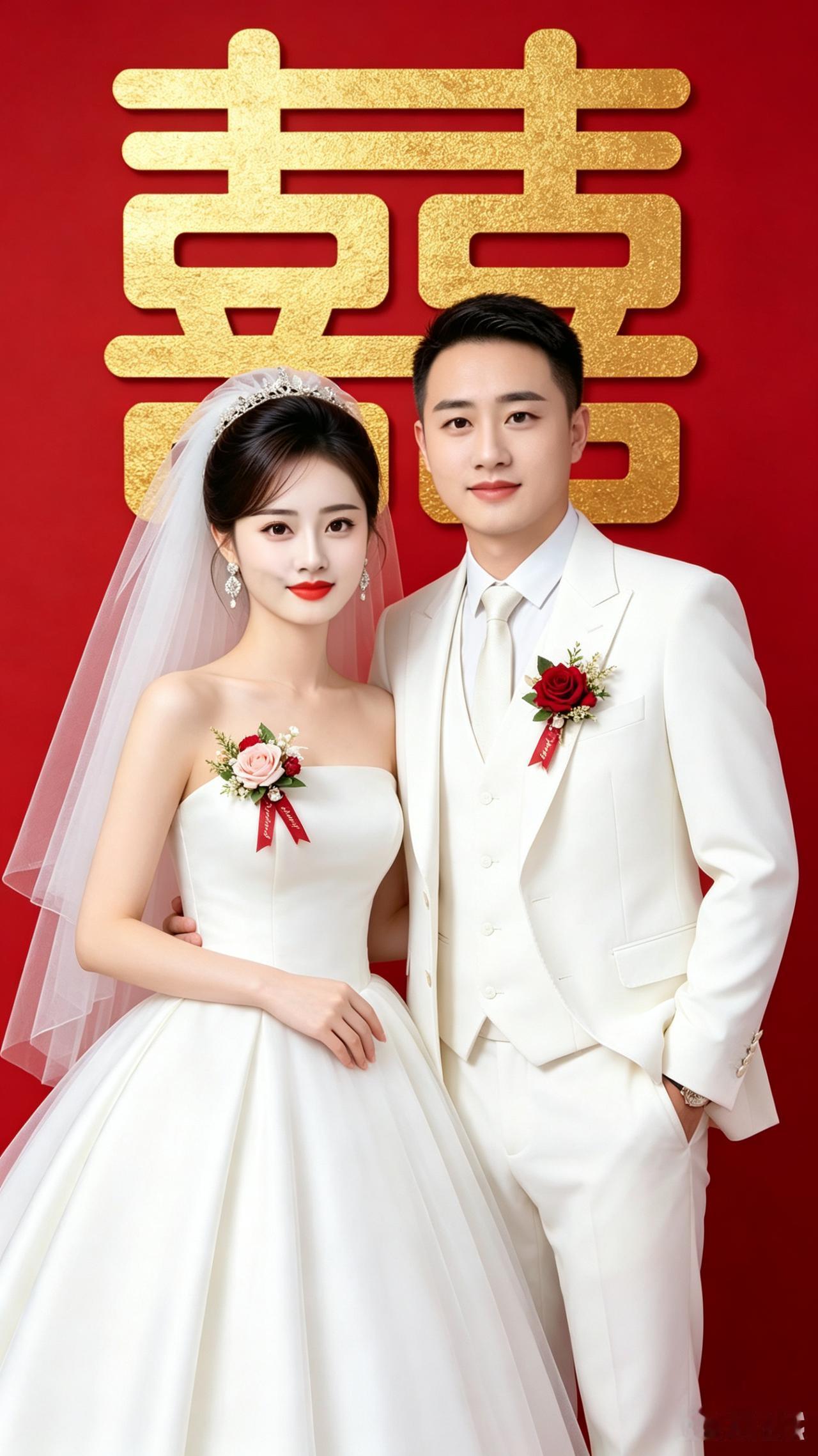 新婚贺咏
 
红墙鎏喜耀华堂，
佳偶天成配鸳鸯。
素纱曳地新娘俏，
白西装挺俊郎