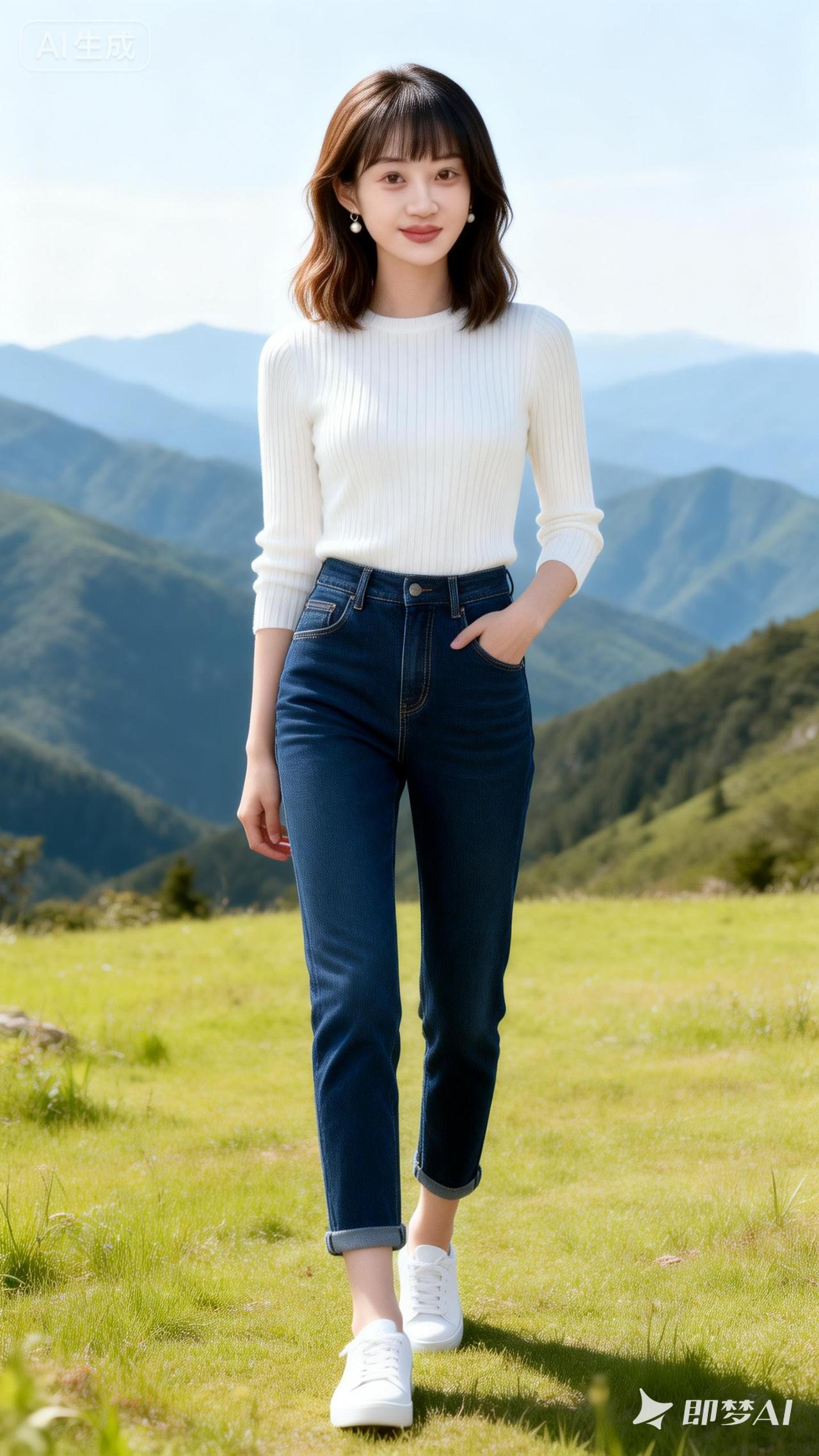 清新自然，山野漫步，白色毛衣搭配牛仔裤，轻松自在。