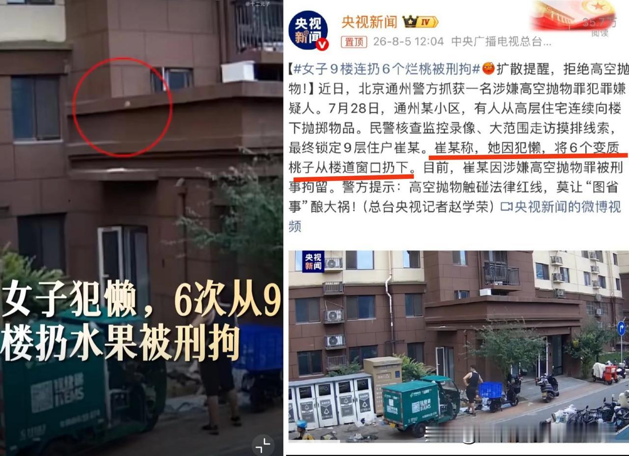 扔6个烂桃，被刑拘？北京通州，两个快递小哥在楼下分拣，突然“啪”的一声，只见一个